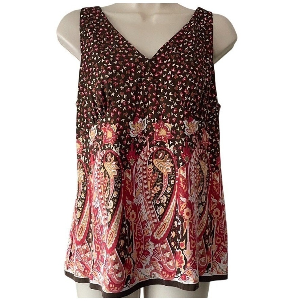 Talbots 100% Silk Paisley Sleeveless Top Petite 14 Brown V Neck Tank